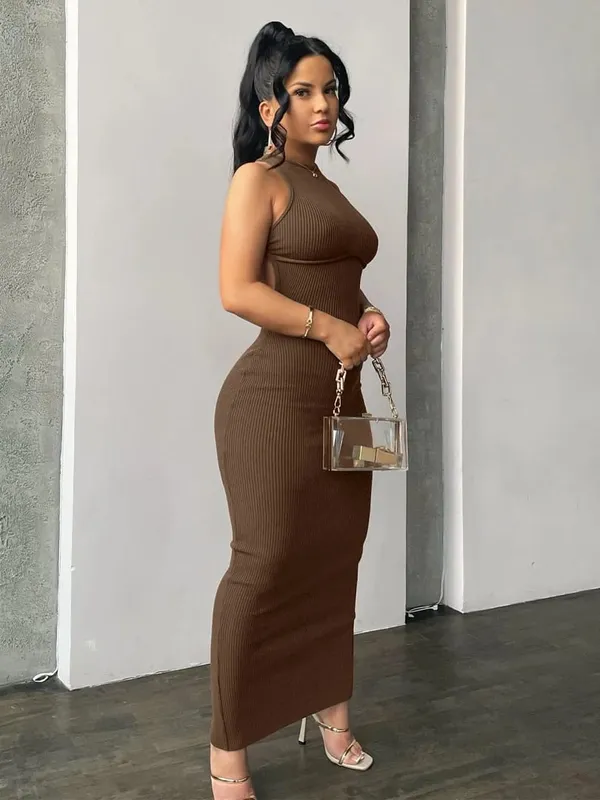 Hugcitar Ribbed Solid Hollow Out Tanpa Belakang Tanpa Lengan Seksi Celah Pakaian Mini Bodycon 2025 Musim Bunga Pakaian Wanita Pesta Elegan Y2K