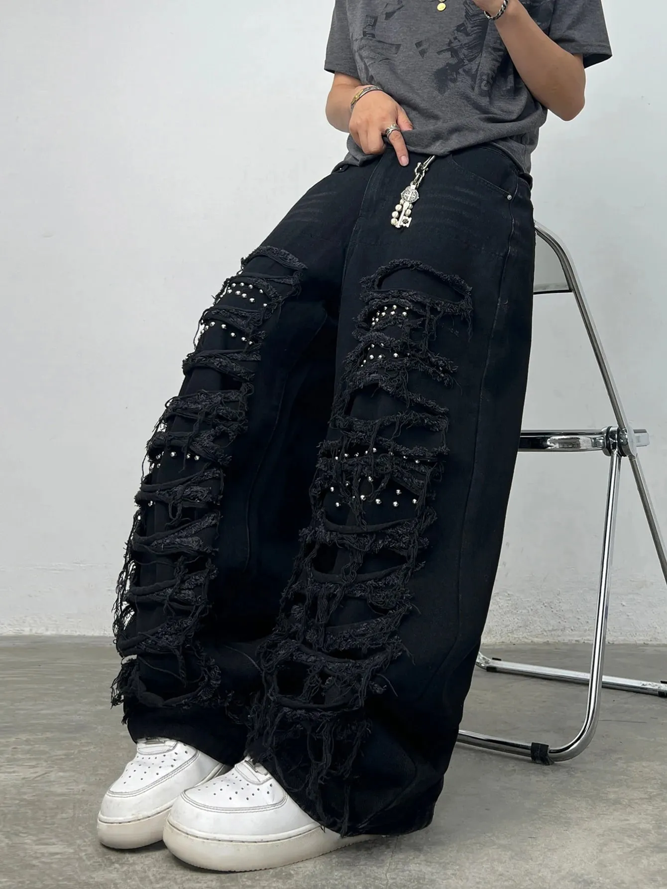American High Street Hai Lớp Miếng Dán Rách Đính Đá Thiết Kế Nam Màu Đen Quần Jeans Lỏng Lẻo Y2K Đường Phố Hip-Hop Quần Ống Rộng Thời Trang — image 2
