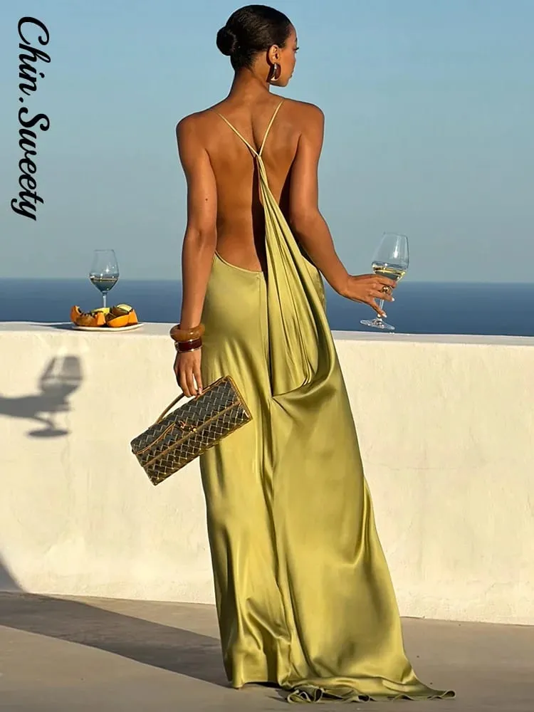 Robe longue élégante pour femmes, couleur unie, fendue sur le côté, dos nu, col en v, hanche, paquet de hanches, été automne, Robe de soirée, 2026 — image 2