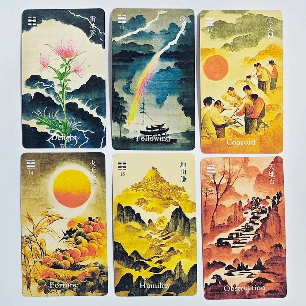 64 카드 I-Ching 오라클 데크 영적 안내 및 명상을위한 전통적인 잉크 아트 스타일 중국 점술 도구 10.3*6cm — image 3