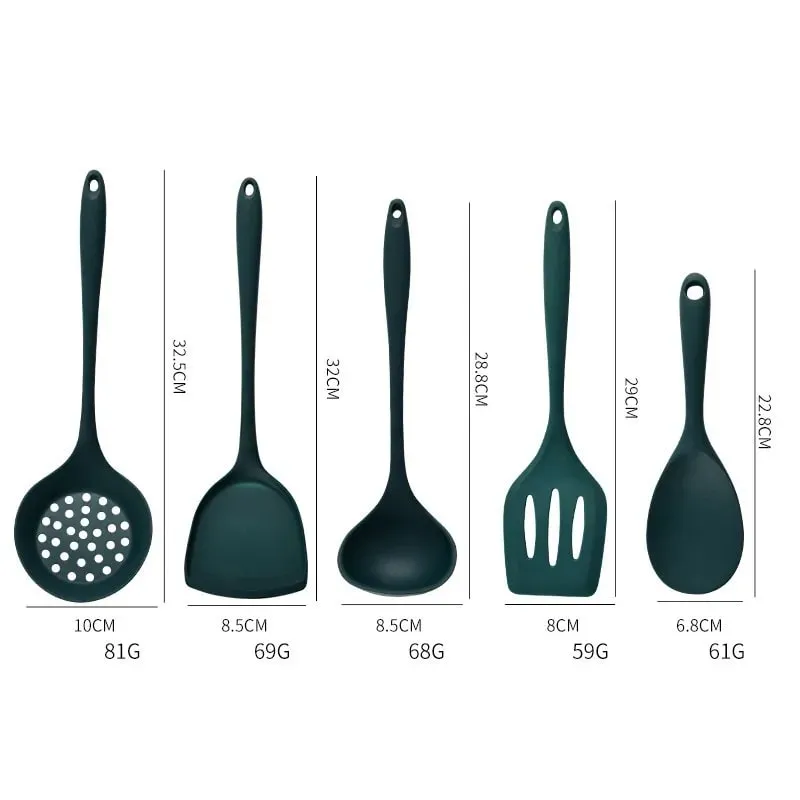 5 pezzi utensili da cucina in silicone per uso alimentare set spatola antiaderente resistente al calore mestolo cucchiaio a fessura strumenti di cottura verde — image 2