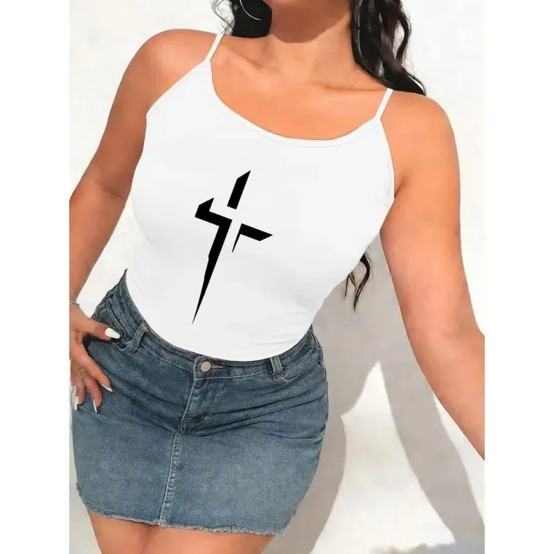 ผู้หญิงโกธิคสปาเก็ตตี้สายคล้องคอ Cami Tank Top Vintage Distressed Cross พิมพ์ Camisole Y2K Streetwear เสื้อฤดูร้อนสบายๆ — image 3