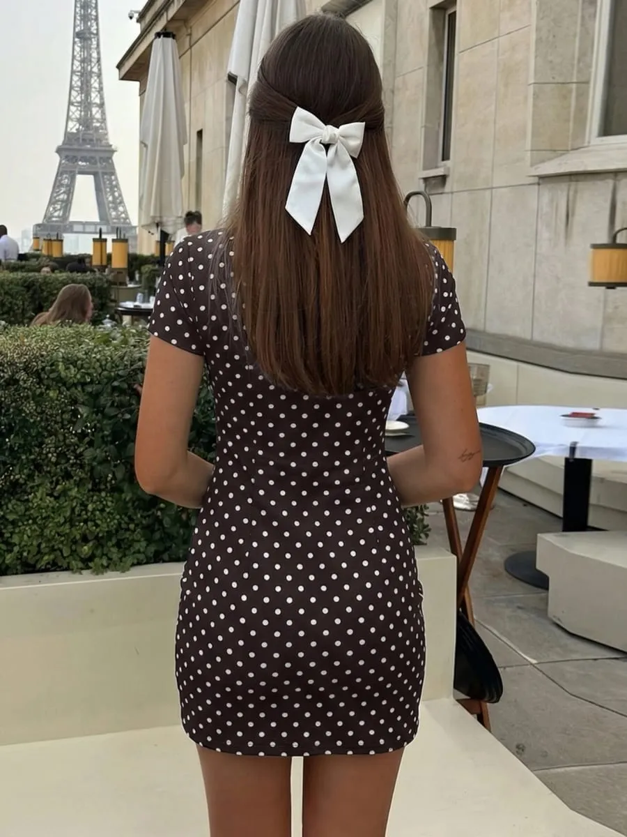 Dulzura Turtleneck Gaun Mini Polka Dot Berongga Lengan Pendek Gaun Mini Elegan Seksi Fashion Wanita Pakaian Liburan Pesta — image 5