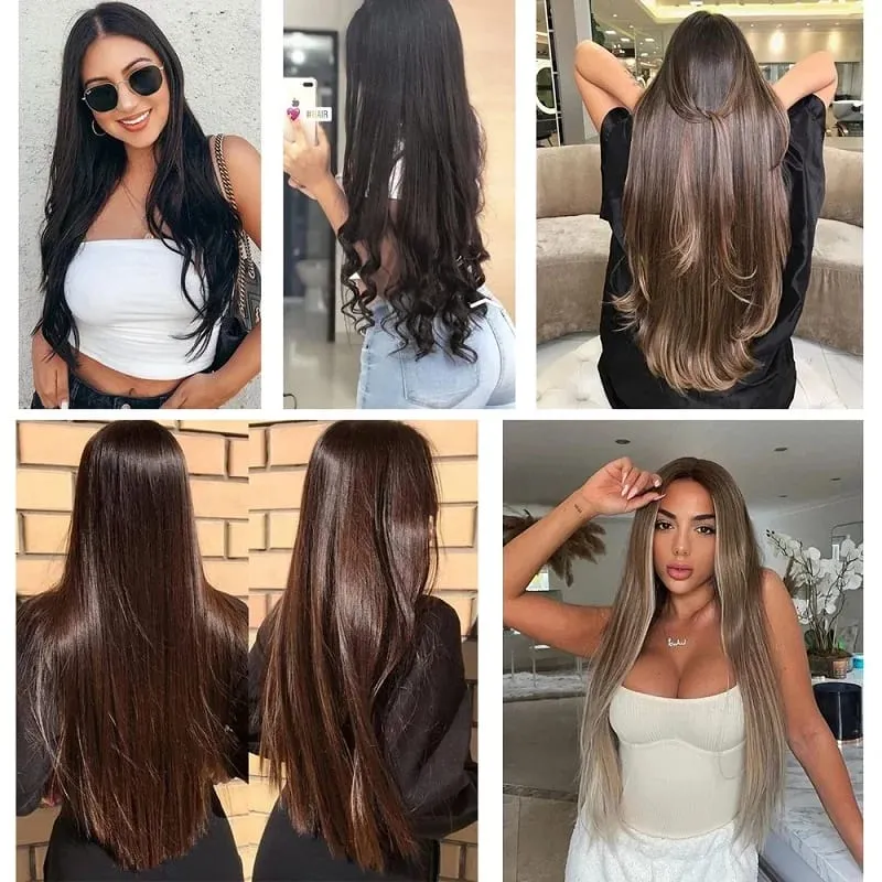 Sambungan Rambut Halimunan Satu Keping 5 Sintetik Sintetik Panjang Lurus 24 Inci Tahan Panas Potongan Rambut untuk Wanita — image 7