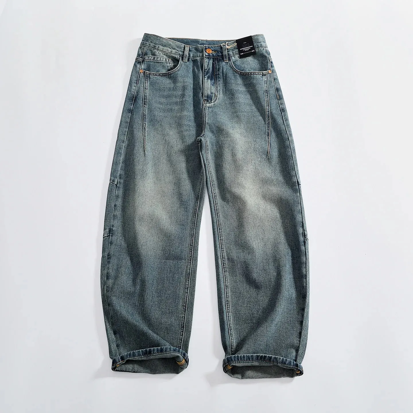 Retro distressed whiskering jeans til mænd tredimensionelle split silhuet brede ben løse denimbukser — image 2