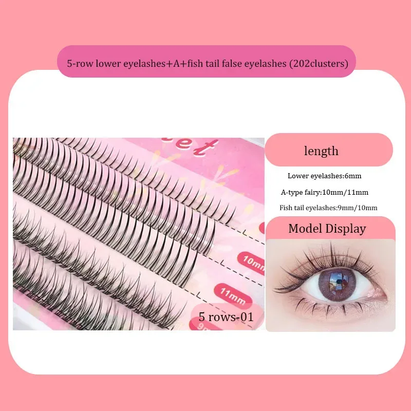 Anlinnet Fishtail + A-type blandet hår Fem rækker blandet naturlige falske øjenvipper Selvpodende enkeltklynge øjenvipper Eye Lash Fa
