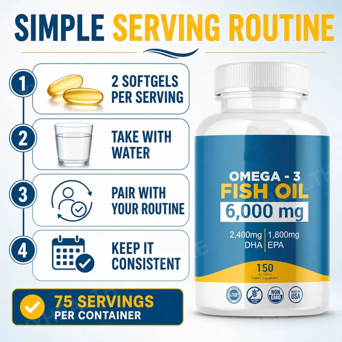 Omega-3 Olio di pesce 6000 mg Capsule molli Alto DHA Formula EPA 2400 mg DHA 1800 mg EPA Non OGM 150 capsule Cuore Cervello Supporto nutrizionale — image 2