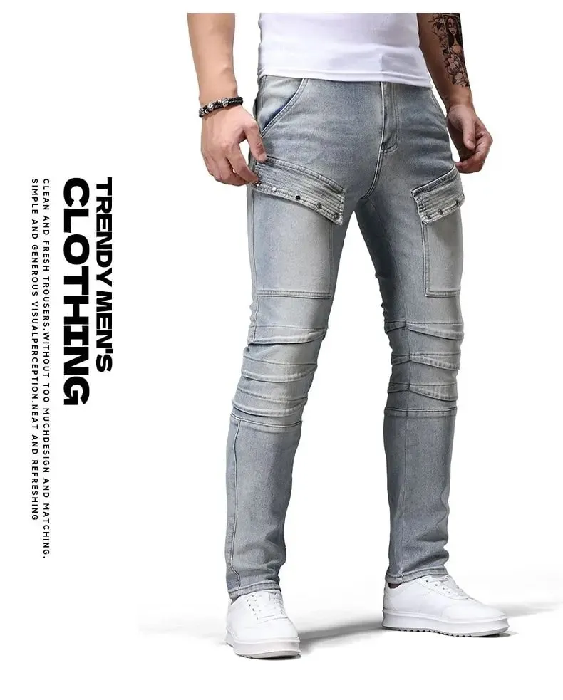 Jeans denim da moto retrò Patchwork di tendenza da uomo Pantaloni lunghi slim fit belli Pantaloni jeans a gamba dritta da bordo moda — image 10