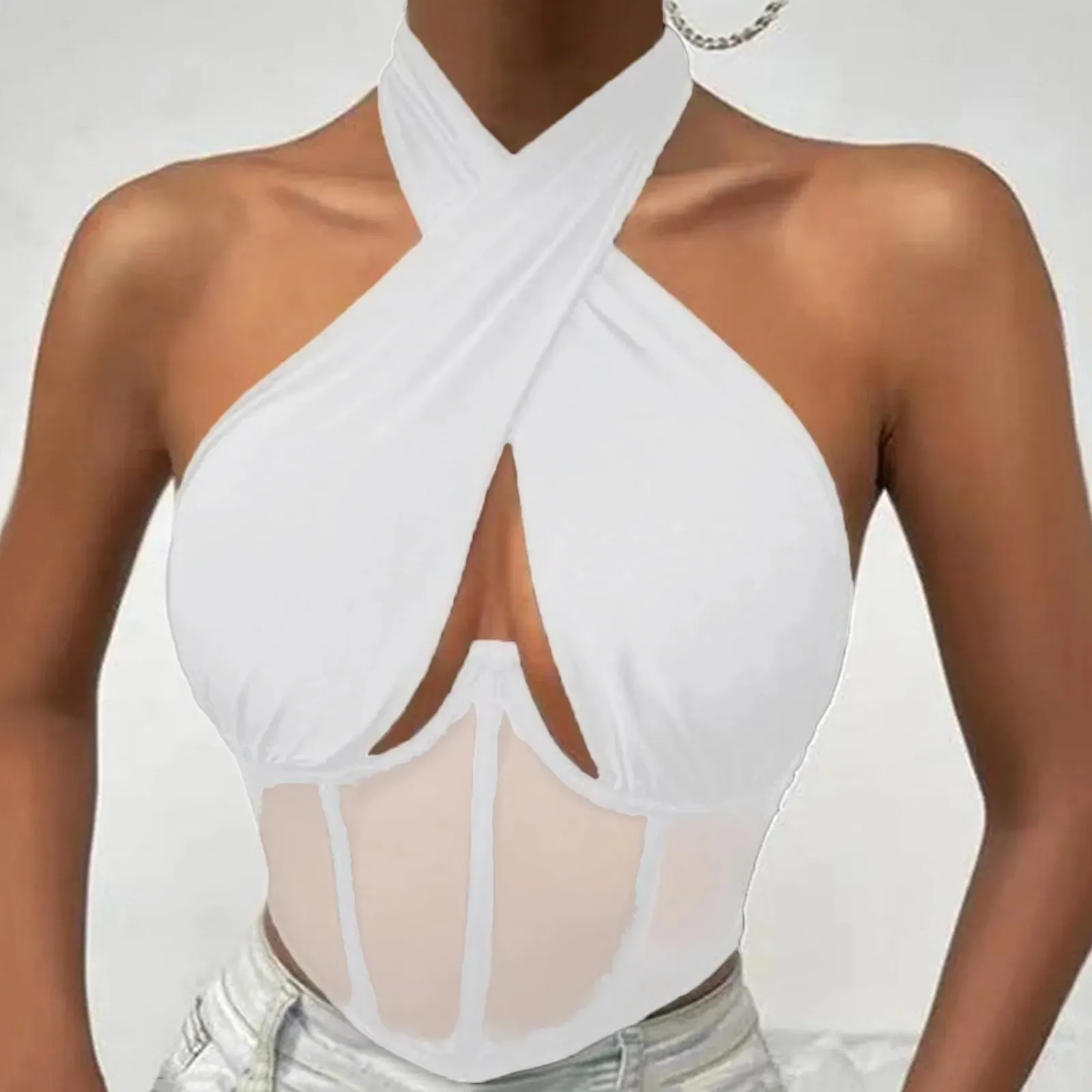 Frauen Ärmellose Fishbone Korsett Weste Solide Aushöhlen Cropped Top Sommer Halter-Backless Sexy Tops Y2k Camis Ropa De Mujer — image 11
