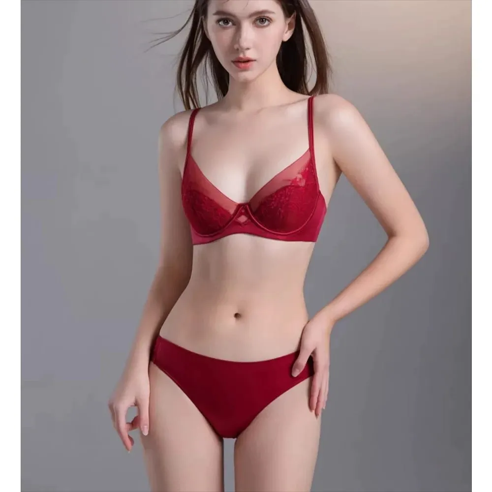 Gelin Şenlikli Kırmızı Dantel Intimates Kiti Yumuşak Balenli Ince Fincan Şınav Destek iç çamaşırı seti Küçük Göğüs 32-38 Kadın iç çamaşırı — image 6