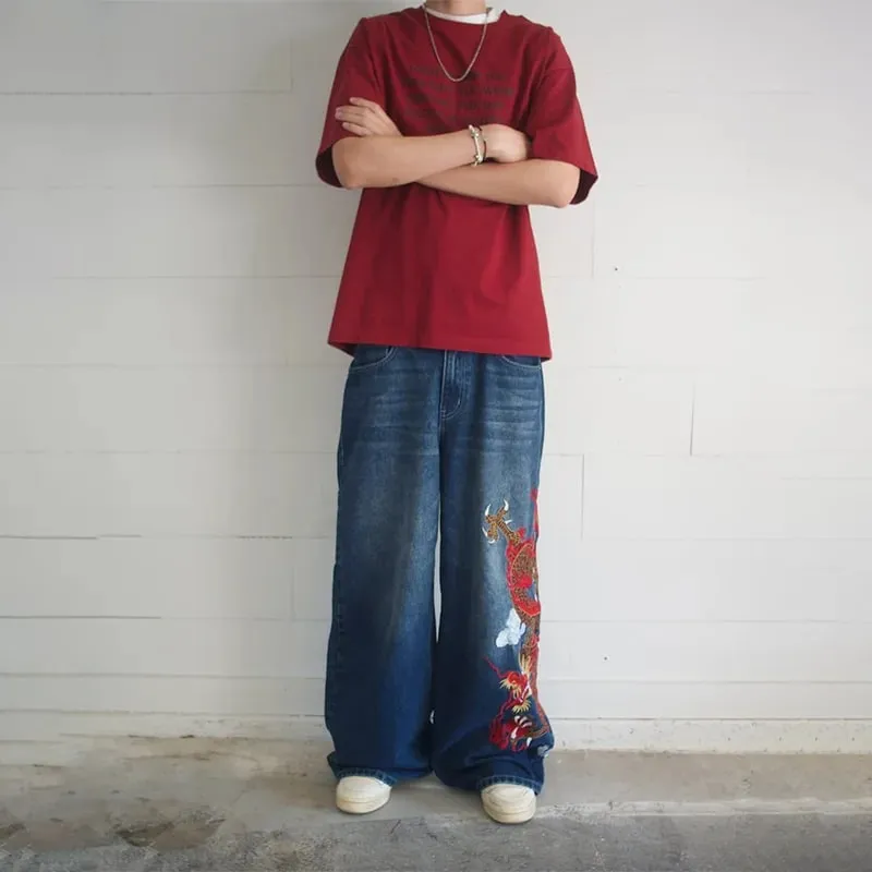 Ricamo Dragon Graffiti blu scuro jeans larghi larghi a gamba larga in difficoltà Y2K vita alta uomo donna vintage casual quotidiano streetwear — image 6