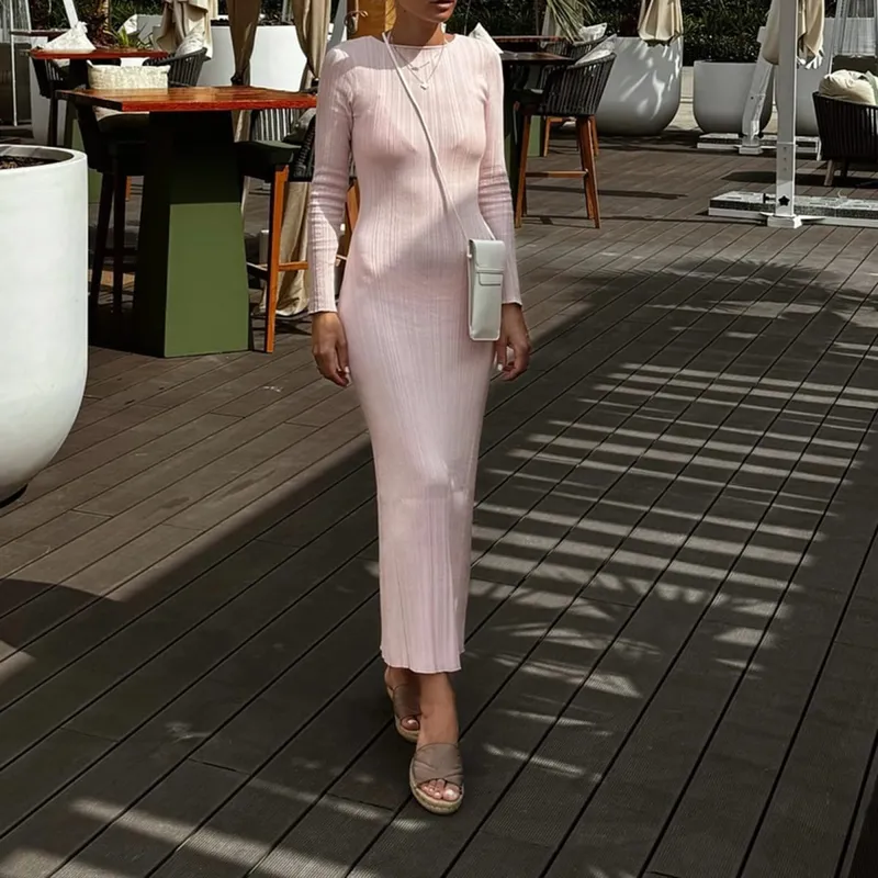 Robe longue en tricot pour femmes, couleur unie, moulante, manches longues, col rond, côtelée, coupe cintrée, printemps automne — image 13