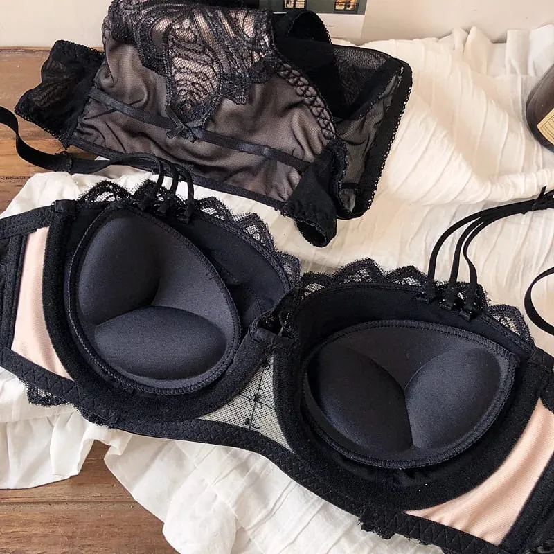 Seksi Nakış Dantel Kabuk Yarım Fincan Küçük Göğüsler Push Up Sütyen Seti Kalınlaşmak Ayarlanabilir Ped Sütyen Külot Kız Iç Çamaşırı