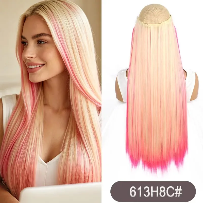 Synthetische 24 Zoll lange, gerade, einteilige Regenbogen-Highlight-Clip-In-Haarverlängerungen für Frauen, täglicher Gebrauch, einfach zu tragen — image 14