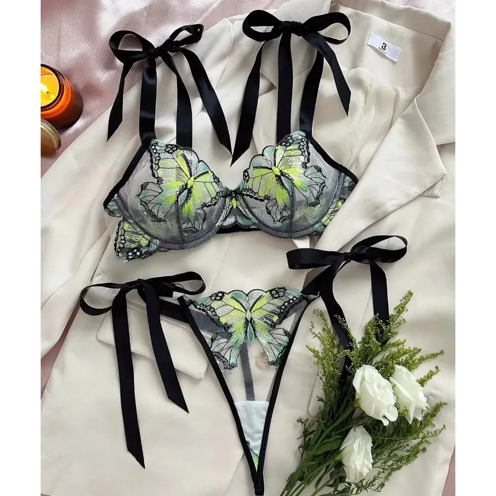 เจียมเนื้อเจียมตัวโรแมนติกลูกไม้ผีเสื้อเย็บปักถักร้อย Sheer ตาข่าย Camisole ชุดนอนผู้หญิงสวมใส่ทุกวัน Push Up ชุดชั้นในชุด 34-40 — image 1