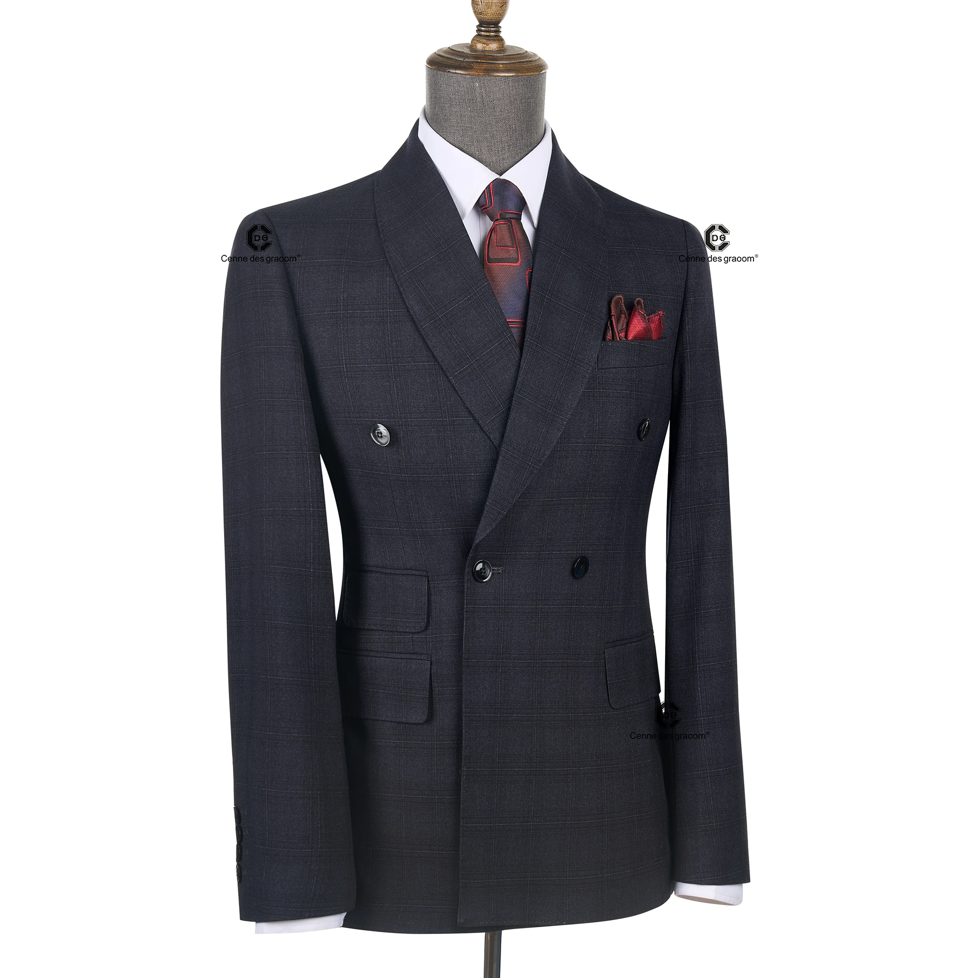 Cenne Des Graoom 2026 Dark Grey Plaid Double Breasted Men Suits With Shawl Collar Tailor-Made For Meeting Office Wear Wedding — image 4