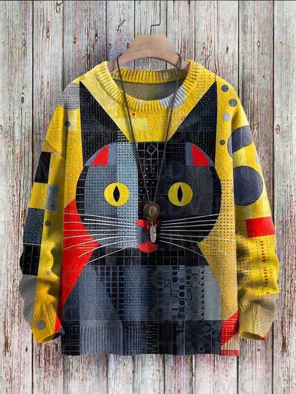 Sweter Pulover Rajut Kasual Gambar Cetak Pola Seni Burung Bunga Kucing Hitam Lucu Sweter Klasik Pulover Pria untuk Wanita