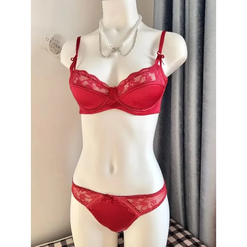 Set Bra Minimizer Renda Merah Populer Wanita Setengah Cangkir Ultra Tipis Payudara Besar Dukungan Lembut Pesta Pengantin Bulan Madu Malam Setelan 32-38 — image 4