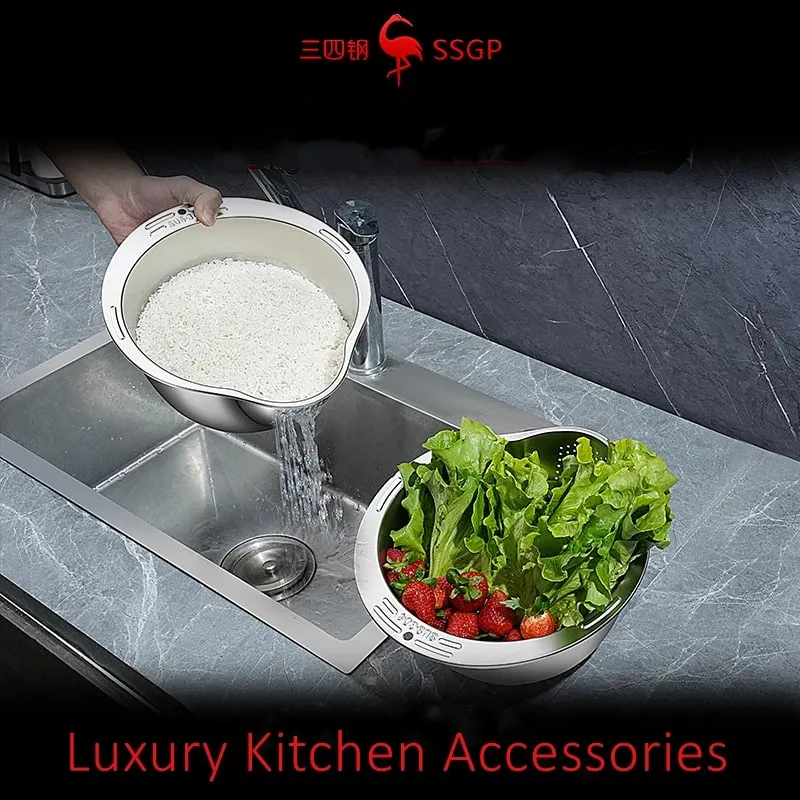 LFGB Certification 316L Stainless Steel Kitchen Washing Basin 99.9% Anti-bacterial Rice Fruit and Vegetable Cleaning Strainer — image 7