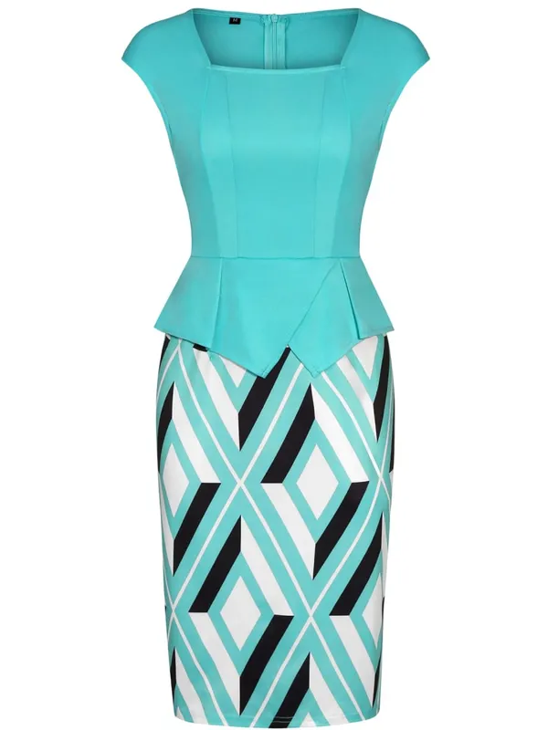 Kvinders geometri print Firkantet hals Peplum Work Office Knælængde Patchwork Business Casual Fest Blyant Bodycon Skede Kjole