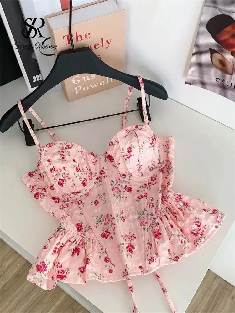 Corsetto francese Stampa Beach Canotta Donna Strap Irregolare Slim Hotsweet Camis e Top con Bretelline Streetwear Vacanza Bohe Sexy MIni Top