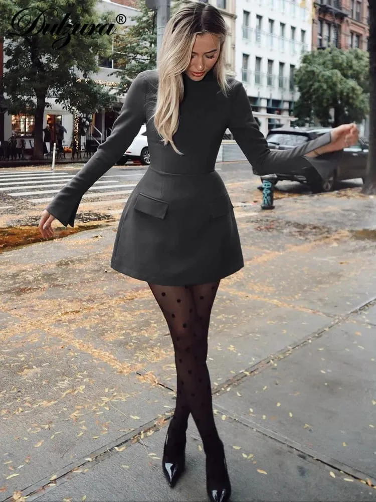 Dulzura Long Sleeves Zipper Bodycon Mini Dress With Pocket Solid Elegant Outfit Office Streetwear Women’S Autumn Winter Clothes — image 5