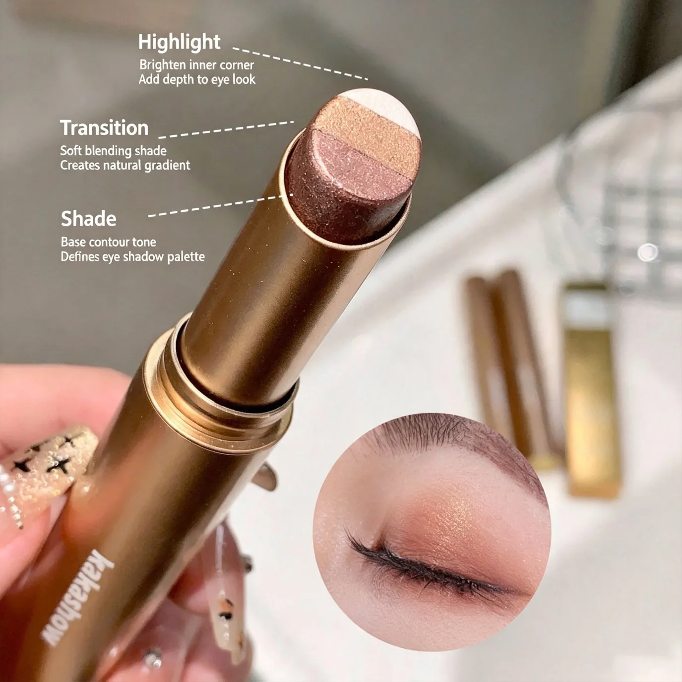Kakashow Three Color Pearl Glitter Eye Shadow Stick Gradient Jemné lesklé oční stíny Voděodolná dlouhotrvající denní oční kosmetika — image 7