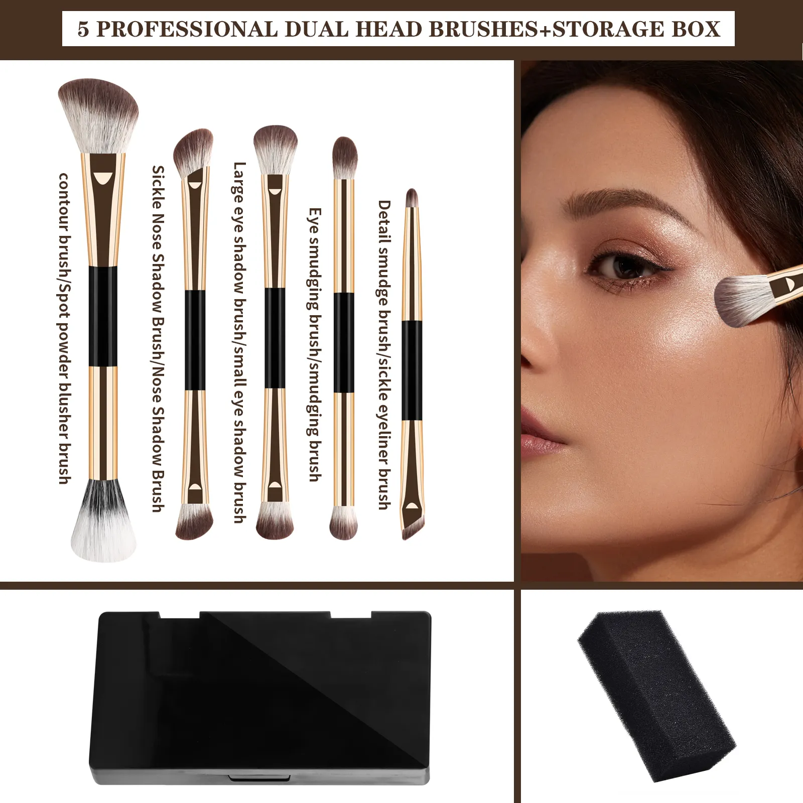 5 stk Dual Ended Face Eye Brush Kit med Opbevaringsboks Blush Detail Eyeliner børster til rejse Touch Up — image 3