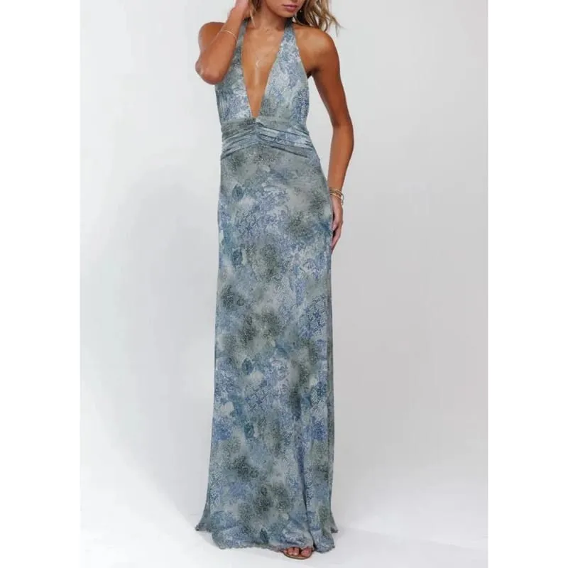 Combhasaki Robe longue d'été sans manches pour femme, col en v profond, dos nu, imprimé fleurs/points, ourlet à volants, maille froncée, ligne a — image 8