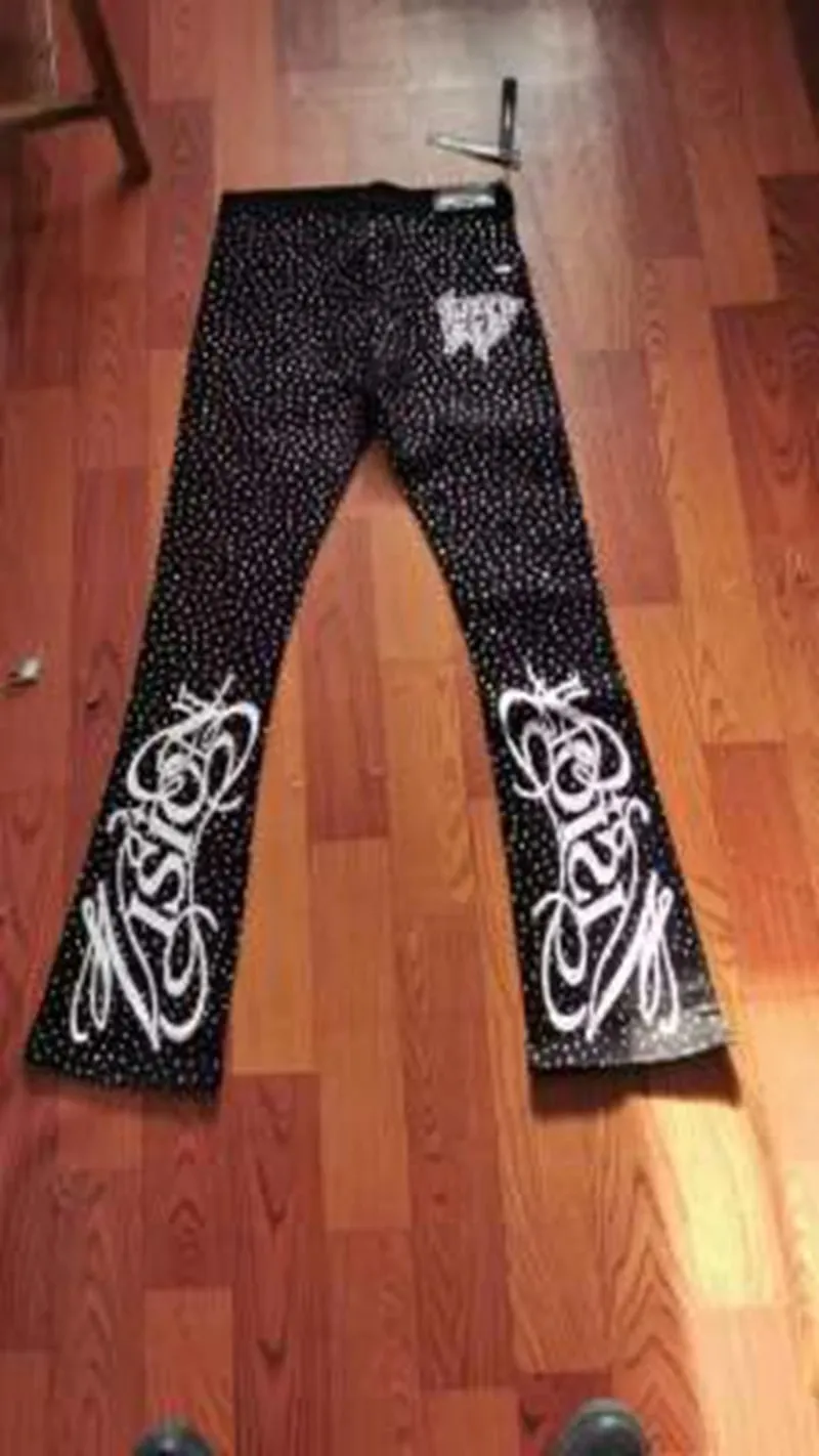Punk Flame Streetwear Solid Casual Denim Trousers Stage Dancing Rhinestone Print Washed Black Baggy Jeans HipHop Casual Denim Pa — image 4