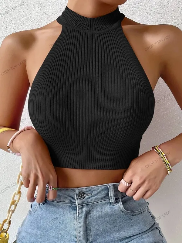 2026 Donne della Molla Nozioni di Base Solido Casual Sexy A Coste Maglia Senza Maniche Corsetto Halter Crossfit Crop Magliette E Camicette Y2k Vestiti Femme Canotta — image 3