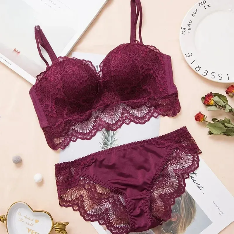 Set di lingerie sexy con reggiseno push up - Confortevole biancheria intima di pizzo senza fili, coppa per palmo per sollevamento 75°C/80°C/85°C — image 1