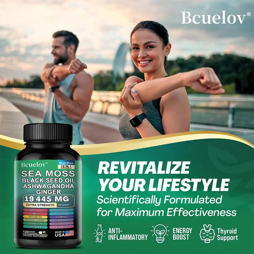 Sea Moss Capsules with Black Seed Oil Ashwagandha Turmeric Complex Energy Immune Digestive Skin & Stress Relief Support — image 3