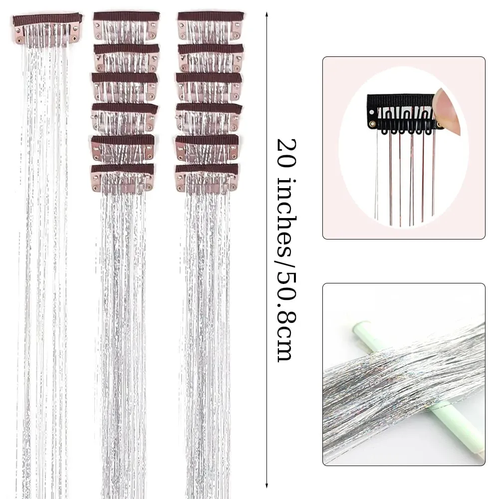 Hair Tinsel Pack Of 6Pcs Clip In Hair Tinsel 20Inch Colorful Glitter Tinsel Hair Extensions Festival Gift Tinsel Fairy Hairpiece — image 4