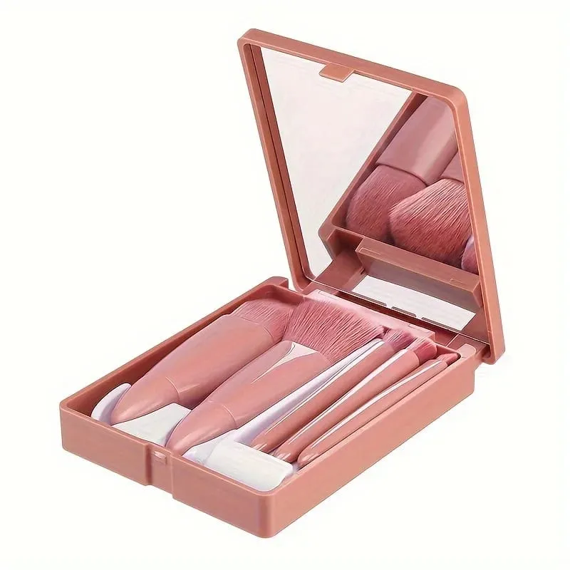 Mini set di pennelli per trucco portatile da 5 pezzi con specchio - Set di pennelli per trucco da viaggio Strumento pennello per ombretto