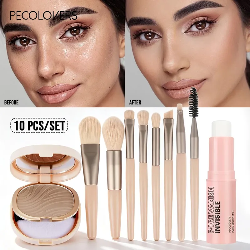10 stk alt-i-én base makeup kit pore minimerende primer stick mat setting pulver og 8 stk professionel makeup børster sæt — image 2