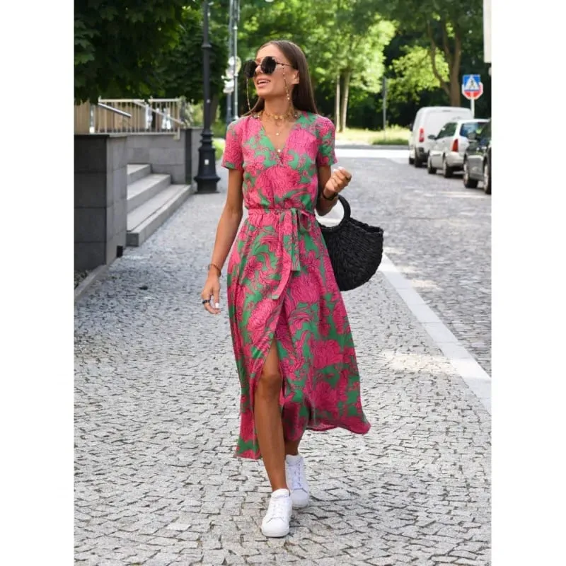 Bedrucktes Kleid 2025 Sommer V-Ausschnitt Split Fork Mittlere und lange Gruppe europäischer und amerikanischer grenzüberschreitender Damenbekleidung — image 3