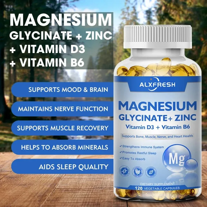 Magnesium Glycinate 500mg Capsules High Absorption with Zinc Vitamin D3 B6 Support Dietery Supplement Stress & Anxiety Relief