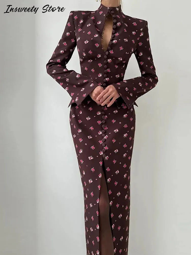 Robe Maxi fendue imprimée élégante pour femmes, Slim avec épaulettes, simple boutonnage, manches longues, nouvelle collection été 2026 — image 3