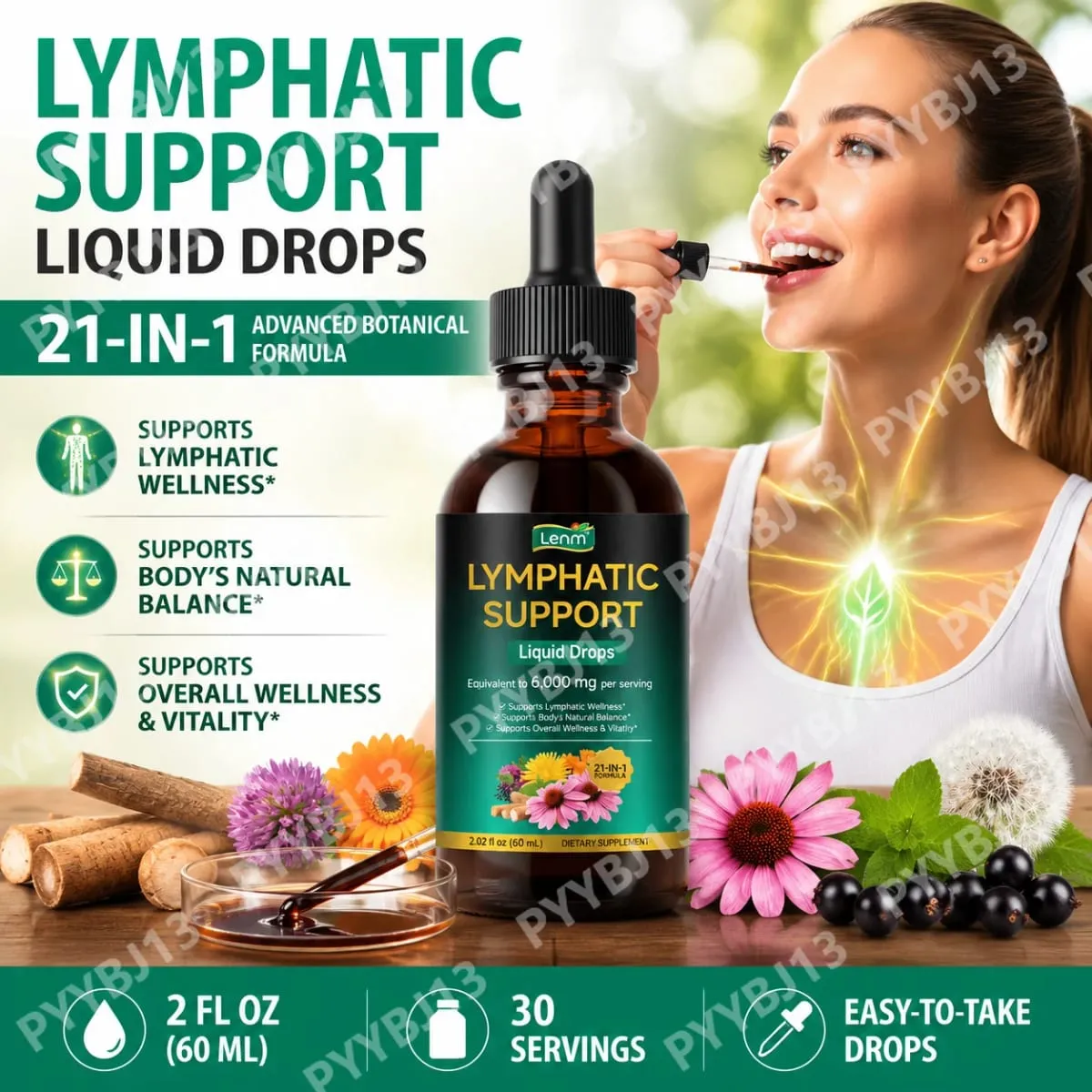Lenm 60 ml lymfesystem renser immunstøtte Flydende kosttilskud Naturlige organiske lymfedråber til balancestøtte — image 2