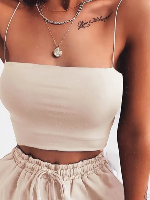 Damen Solides Neckholder-Crop-Top, ärmelloses Leibchen, Spaghettiträger, Cami-Tanktops, Tube-Top, Basic, figurbetont, sexy Mode