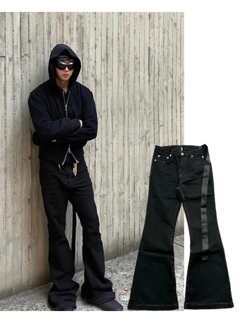 High Street RO Style Denim Pants Men's 24SS Basic Elastic Black Ribbon Loose Flared Streetwear Casual Jeans Pants Men Clothing — image 8