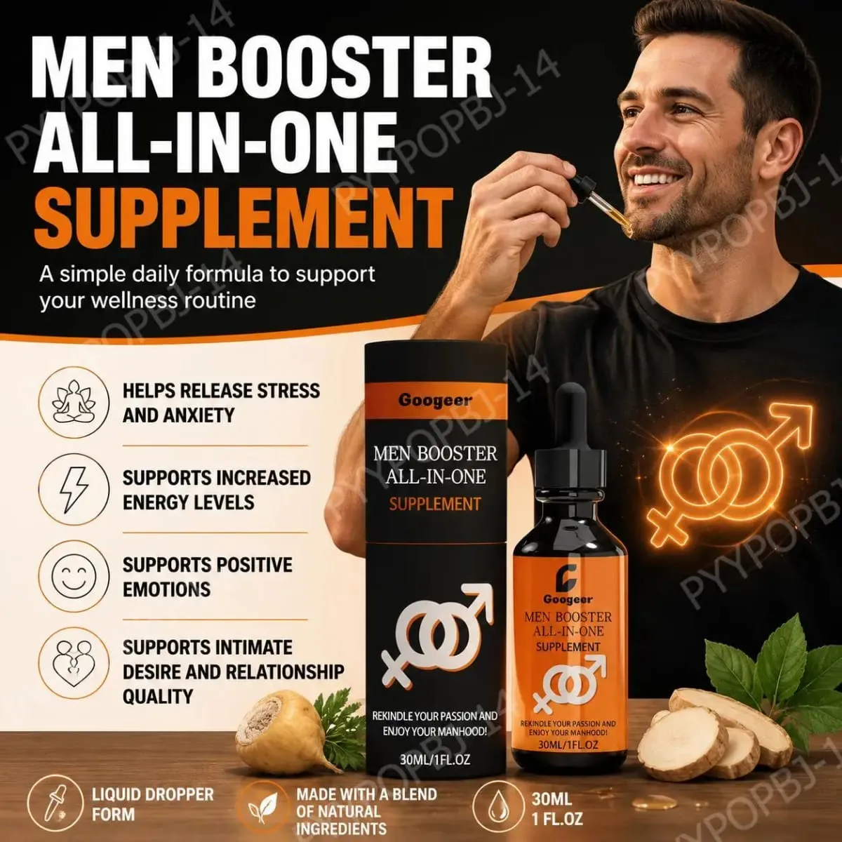 Suplemen Googeer Men Booster All-in-One Turun dengan Ekstrak Akar Maca dan Ekstrak Akar Kudzu untuk Relaksasi Tenaga 30 ML — image 1