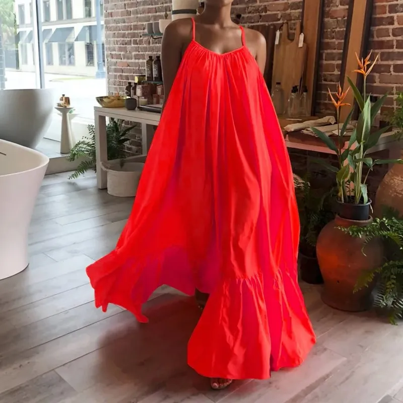 Spring Dress For Women Sexy Solid Strap Dress Pocket Loose Backless Big Swing Dresses Holiday Dresses For Women Wedding Guest — image 9