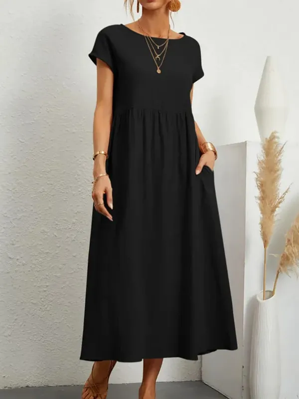 Gaun Linen Kapas Pepejal Premium yang Elegan Midi Musim Panas dengan Poket Longgar Leher Krew Kasual Lengan Pendek untuk Perjalanan Pantai — image 10
