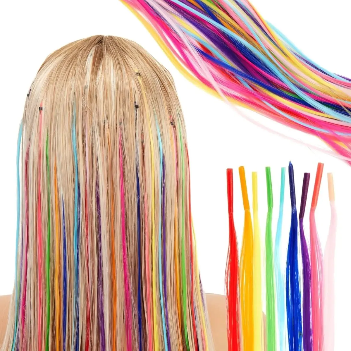 Kit Ekstensi Rambut Sintetis Pelangi 20 "10 Buah Ekstensi I-tip Berwarna dengan Jarum Kait Manik-manik Mikro untuk Cosplay Anak-anak Wanita — image 7