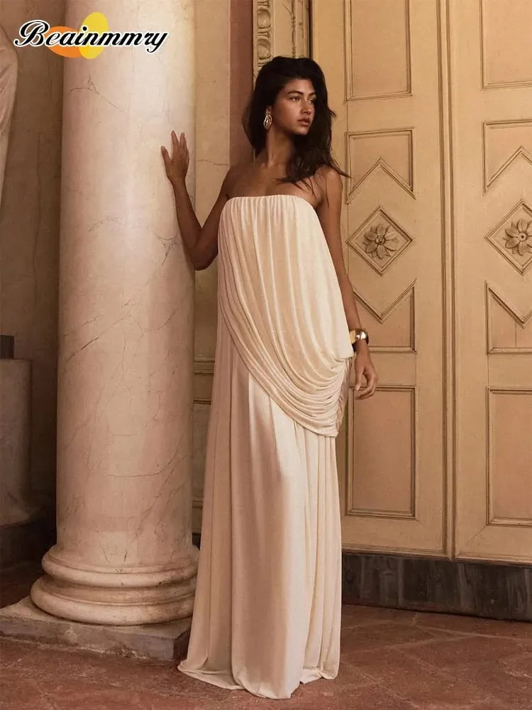 Sexy skládané maxi šaty bez ramínek Dámské elegantní Jednobarevné Bez rukávů Bez záda Volné dlouhé šaty 2026 Letní Dáma Dovolená Plážový outfit