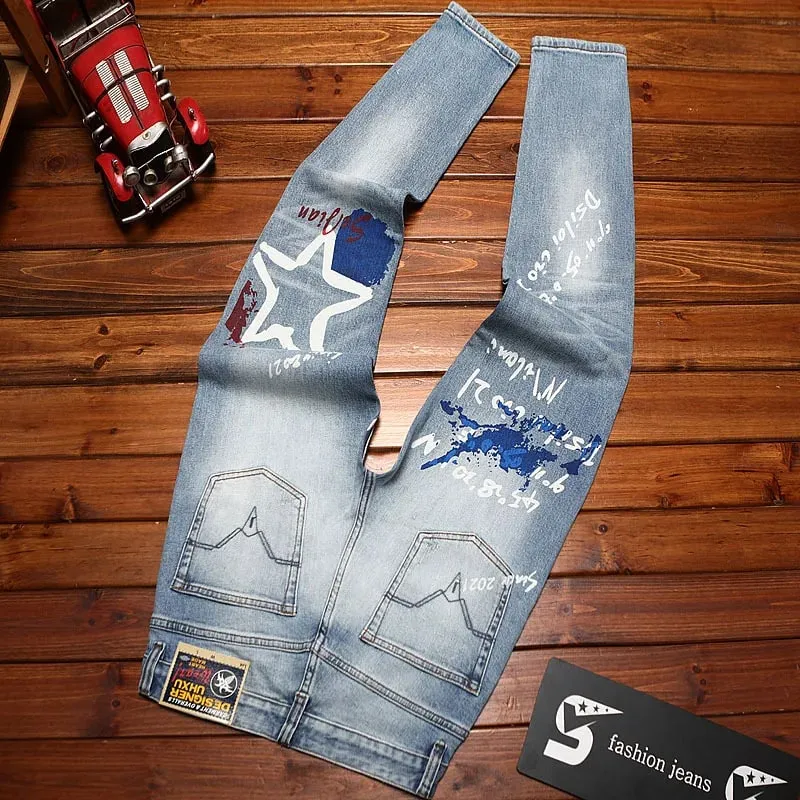 Seluar jeans bercetak bergaya untuk lelaki retro biru anjal slim fit kaki kecil fesyen jalanan seluar kasual denim mewah — image 2