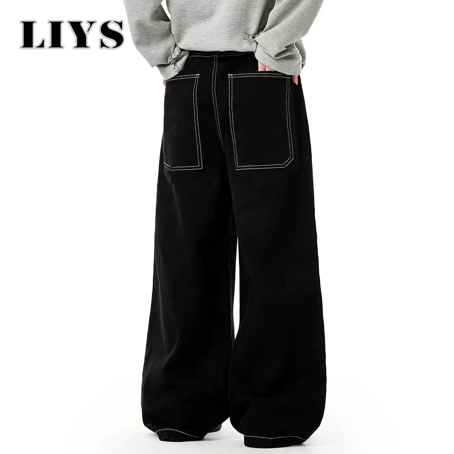 Wiosenne letnie męskie retro czarne luźne dżinsy z szeroką nogawką amerykański podstawowy unisex codzienny codzienne spodnie dżinsowe damskie czarne dżinsy w stosy — image 6