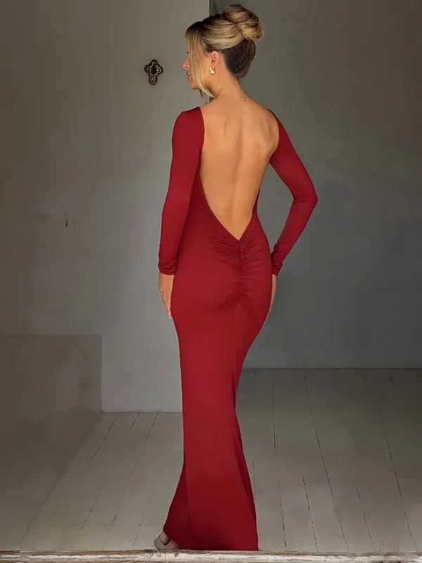 Hugcitar Spring Elegant Langærmet Rygløs Solid Cuched Sexet Bodycon Maxi Gallakjole Kvinder Outfit Aften Fest Festival Y2K